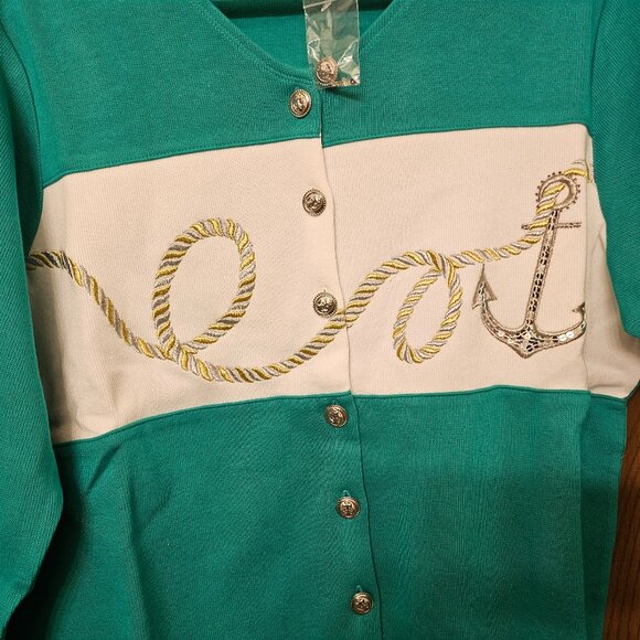 Quacker Factory Embroidered Nautical Cardigan Anchor Green NWT XL Yacht Sailing - Picture 1 of 8